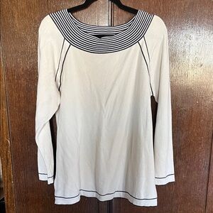 Chic Cream Long Sleeve Top with Striped Neckline